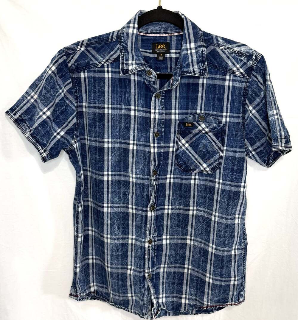 Lee Denim Shirt Youth Medium Blue Short Sleeve Button Down Plaid 100% Cotton